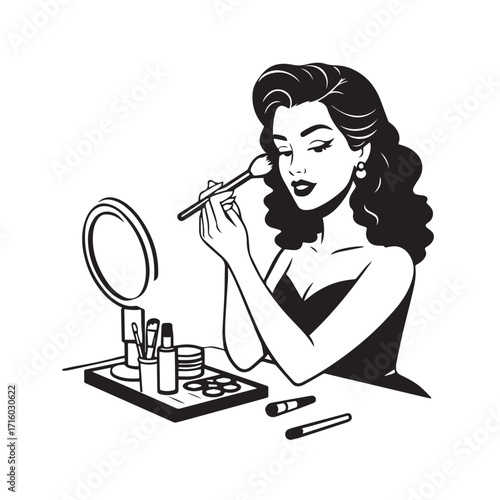Black and white line art of a beautiful woman doing makeup at dressing table with mirror illustration
