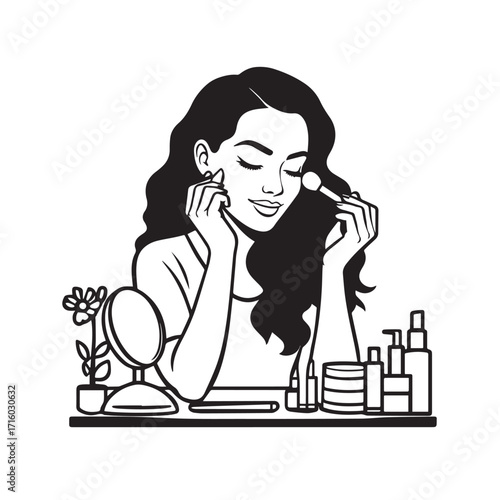 Black and white line art of a beautiful woman doing makeup at dressing table with mirror illustration
