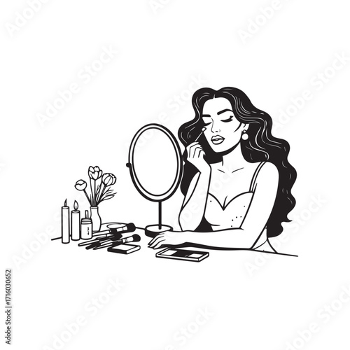 Black and white line art of a beautiful woman doing makeup at dressing table with mirror illustration
