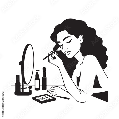 Black and white line art of a beautiful woman doing makeup at dressing table with mirror illustration
