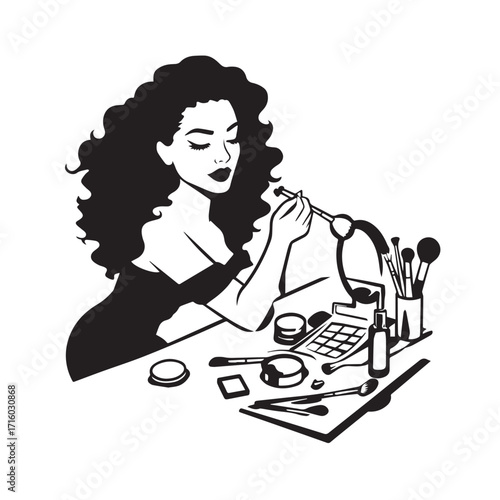 Black and white line art of a beautiful woman doing makeup at dressing table with mirror illustration
