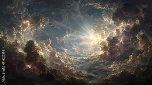 A surreal composition of radiant light piercing the clouds, fallen angels with faces full of despair kneeling beneath the storm, ethereal shadows and crimson lightning surrounding them,