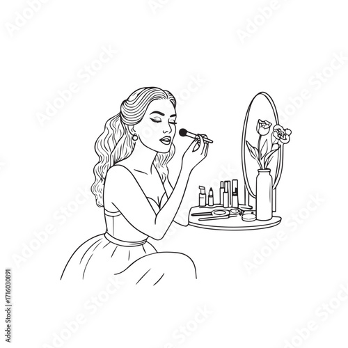 Black and white line art of a beautiful woman doing makeup at dressing table with mirror illustration
