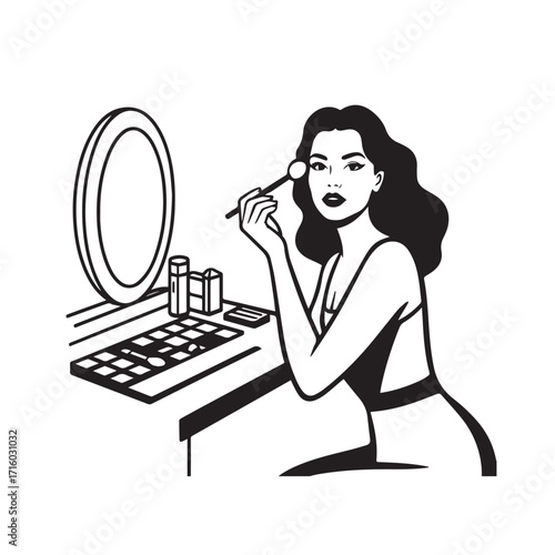 Black and white line art of a beautiful woman doing makeup at dressing table with mirror illustration
