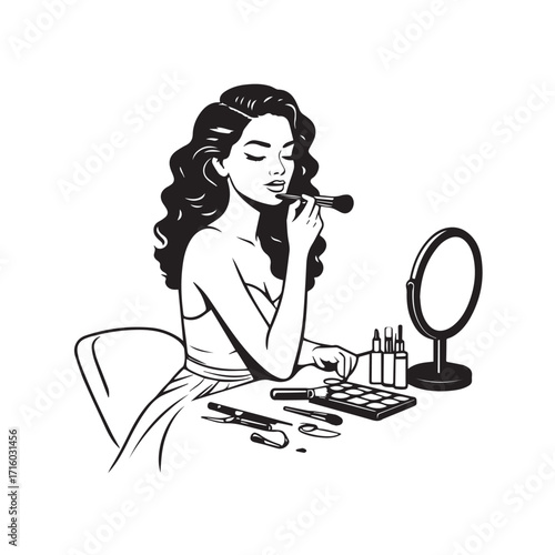 Black and white line art of a beautiful woman doing makeup at dressing table with mirror illustration
