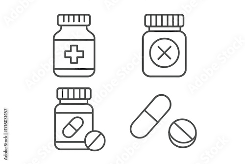 Medicine line icons set. Pill bottle, capsule, and tablet symbols. Vector collection for pharmacy, healthcare, drug, and supplement concepts. Simple editable stroke design.