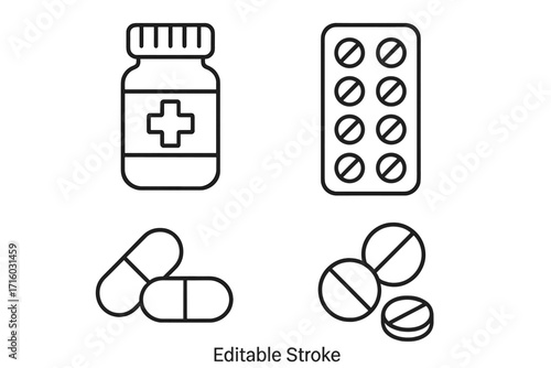 Pills and medicine icon set. Thin line icons collection of drug bottle, capsules, tablets, and blister pack. Pharmacy and healthcare concept. Vector illustration editable stroke.