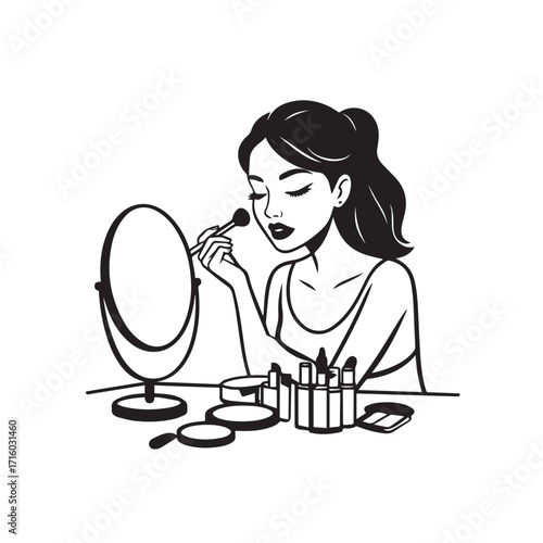 Black and white line art of a beautiful woman doing makeup at dressing table with mirror illustration
