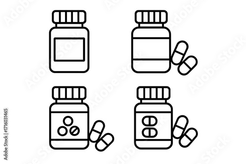 Pill bottle icon set. Medicine container outline symbol for pharmacy. Vector medication, drug, tablet, capsule illustration. Healthcare, treatment, vitamins, supplement concept.