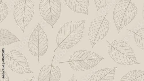 A repeating pattern of leaf outlines on a light beige background with visible leaf vein details