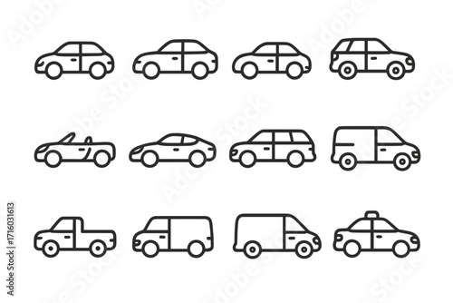 Car line icon set. Vehicle and transport symbols. Auto collection with sedan, suv, van, truck, taxi, convertible. Outline pictogram for web. Editable stroke vector illustration.