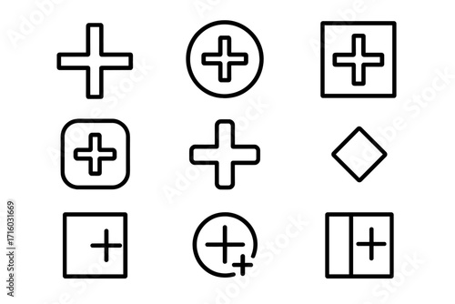 Plus sign line icon set. Collection of simple outline symbols for adding, creating, or expanding. Vector icons for web design, app UI, mobile interface, and infographics.