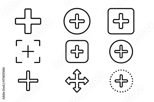 Plus sign line icon set. Add, new, create, more button concepts. Vector outline symbols for web design, apps, UI, UX. Positive, zoom, medical cross pictogram collection.