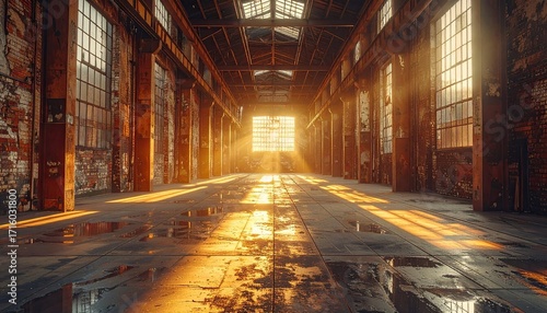 Cinematic Industrial Factory Interior with Golden Light Beams and Reflected on Puddles in Dimly Lit Old Warehouse Environment