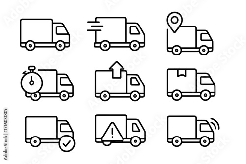 Delivery truck line icon set. Logistics and shipping service symbols. Fast freight transport, package tracking, cargo van and commercial vehicle vector graphic illustration.