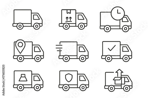 Delivery truck icon set. Shipping and logistics linear symbols. Transport, cargo, and fast delivery vector collection. Package tracking, secure freight, and e-commerce icons.