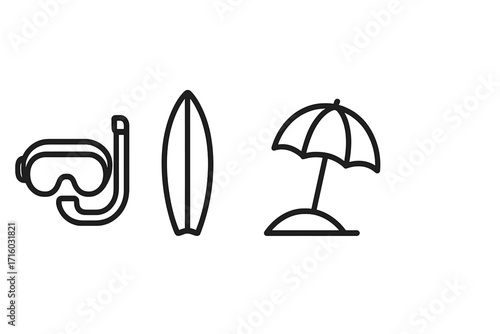 Beach summer vacation icon set with diving mask, surfboard, umbrella. Line art vector symbols for water sports, travel, sea, ocean, surfing, snorkeling. Outline illustration.