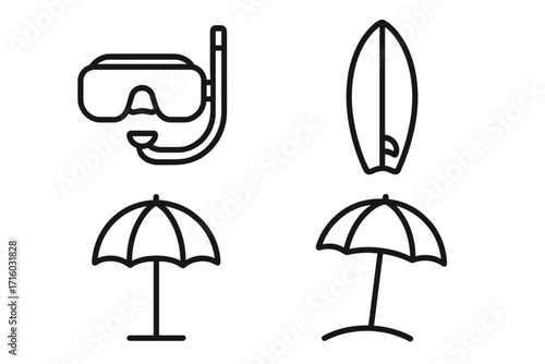 Set of beach and summer holiday outline icons. Diving mask with snorkel, surfboard, and parasol symbols. Minimalist line art vector for web, apps, travel, and vacation design.