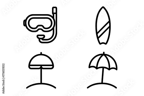 Summer beach vacation icon set. Diving mask, snorkel, surfboard, sun umbrella outline icons. Water sports and travel concept. Line art for web, apps, design. Vector.
