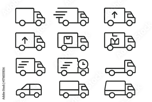 Delivery truck and van line icon collection. Shipping logistics and transport vector symbols. Fast delivery, cargo freight, and moving service outline pictograms. Editable stroke.