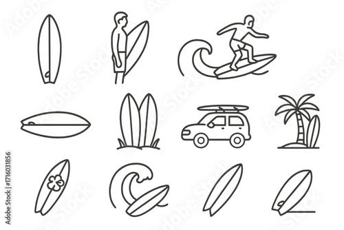 Surfing line icon set. Summer beach vacation symbols. Surfboard, wave, ocean, surfer, palm tree. Water sport lifestyle concept. Travel car with surf rack. Editable stroke.