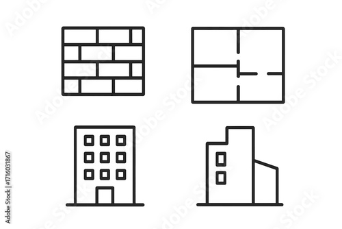 Building line icon set. Construction thin line symbols. Architecture outline icons. Vector brick wall, floor plan, office pictogram. Real estate graphic elements for web.