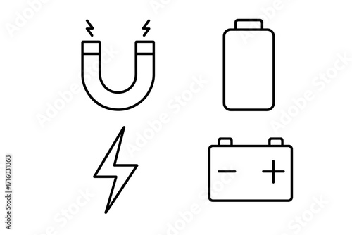 Power and energy line icon set. Magnet, battery, lightning bolt vector signs. Electricity, charge, and voltage symbols. Outline pictogram bundle for web, apps, and graphic design.