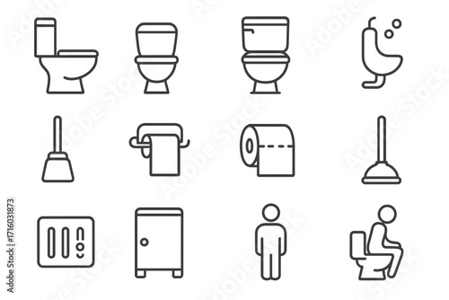 Toilet and bathroom line icon set. Restroom, WC, lavatory vector symbols collection. Includes toilet bowl, urinal, plunger, toilet paper, brush. Editable stroke outline pictogram.