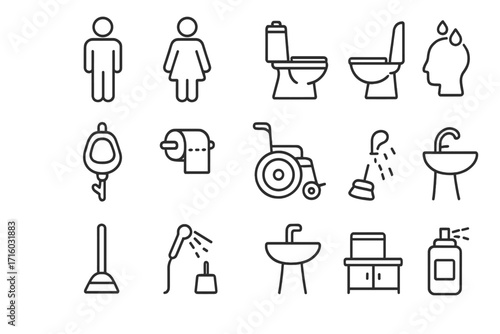 Public toilet and restroom line icon set. Bathroom, WC, hygiene, and sanitary symbols. Man, woman, wheelchair accessibility, urinal, sink, shower, and cleaning vector icons. Editable stroke.