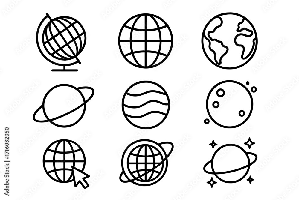 Fototapeta premium Globe and planet icon set. Earth, world, and space line icons for web and graphic design. Vector collection of outline symbols like moon, saturn, orbit, and global network.