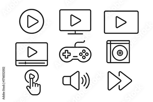 Play sign and media player line icon set. Vector outline symbols for web and app design. Video game controller, sound, and forward button for multimedia interface illustration.