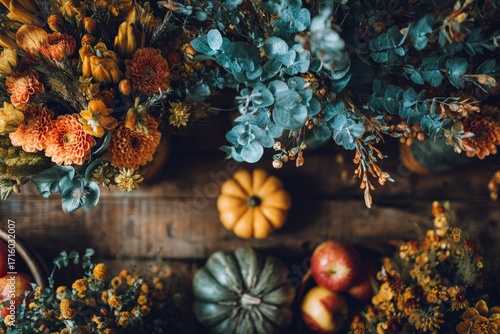 A tabletop arrangement of vibrant autumnal flowers, eucalyptus, pumpkins, and apples, showcasing a warm, inviting atmosphere.