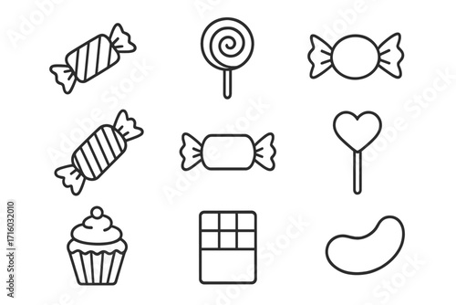 Candy and sweets outline icon set. Collection of simple line art symbols for dessert, sugar, and treats. Includes lollipop, chocolate, cupcake, and jelly bean vectors.