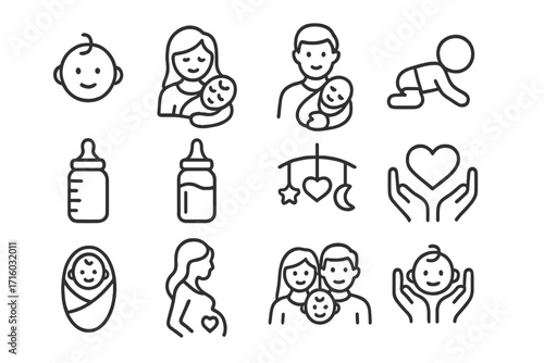 Baby and family thin line icon set. Newborn, pregnancy and parenthood outline signs. Mother, father and child care vector symbols for web, apps, and graphic design.