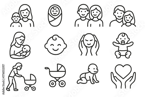 Family, baby, parents, newborn line icon set. Motherhood, fatherhood, childcare concept. Love, pregnancy, parenting symbols for web design, apps. Vector outline illustration.
