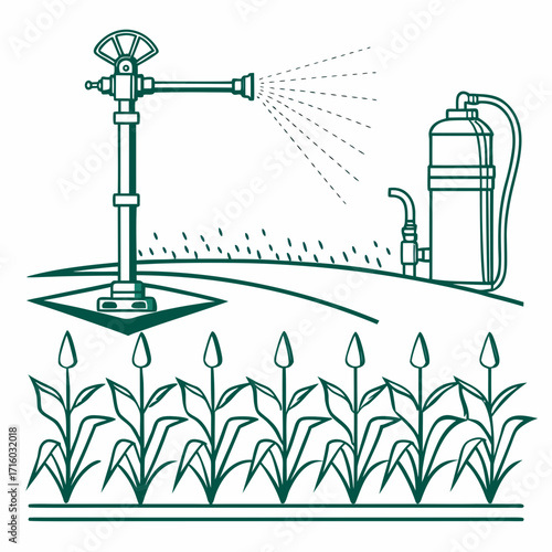 Agricultural irrigation system spraying water on crops with a water tank and sprinkler on a field