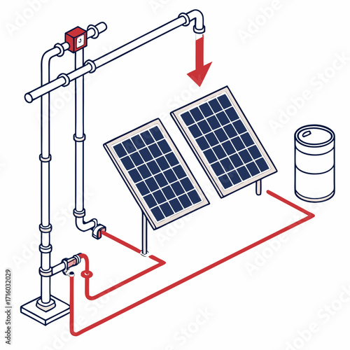 Diagram illustrating a solar thermal system with pipes solar panels and a storage tank