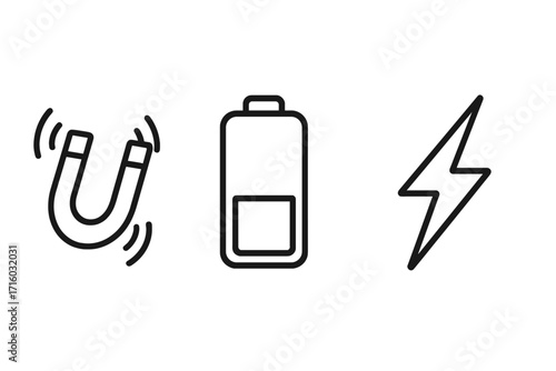 Magnet, battery, and lightning bolt outline icon set. Simple linear symbols for energy, power, and electricity. Vector graphic for web design, apps, and UI. Attraction concept.