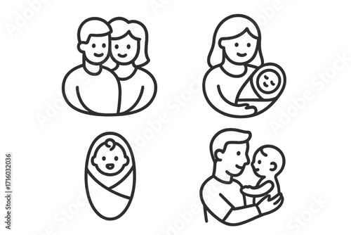 Family life, parenthood, newborn baby care outline icon set. Mother, father holding infant. Vector line art for web, app design, social media. Childcare concept.