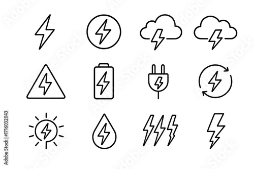 Lightning bolt and energy icon set. Thin line vector pictograms. Electricity, power, charge, battery, thunder, plug, renewable and solar energy symbols. Editable stroke.