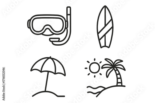 Summer beach vacation icon set. Line icons of diving mask, snorkel, surfboard, umbrella, palm tree, island. Vector outline symbols for travel, holiday, and seaside concepts.