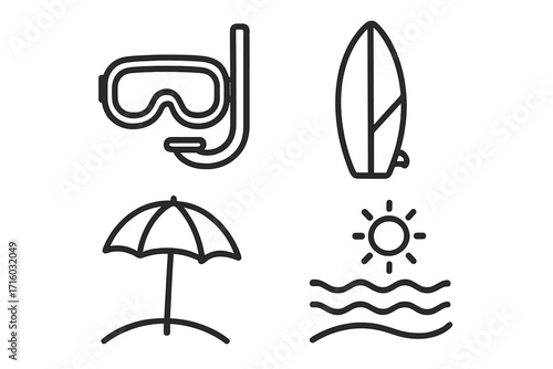 Summer beach vacation and water sports line icon set. Simple vector icons: diving mask, surfboard, umbrella, sun and sea. Minimal outline symbols for web and graphic design.