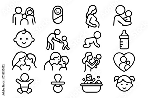 Family and baby care line icon set. Vector outline pictograms for parenthood, newborn, pregnancy, infant development. Symbols for mother, father, child love and family life.