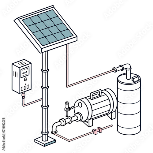 Diagram of a solar powered water pumping system with a storage tank and control unit