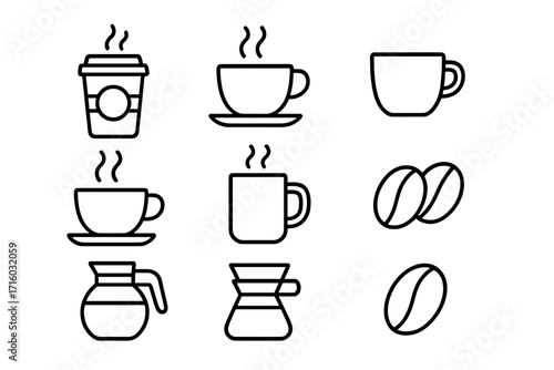 Coffee line icon collection. Cup, mug, and beans icons. Editable stroke vector set. Cafe, espresso, latte symbols. Hot drink, beverage, and morning concepts. Brewing methods.