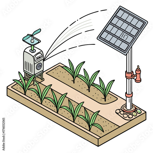Automated solar powered irrigation system watering young plants in a modern farm field