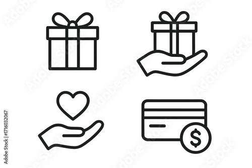 Donation and Charity Line Icon Set. Giving gift, love, support, and help concepts. Includes present, payment, credit card, and volunteer symbols for web and apps. Outline vector.