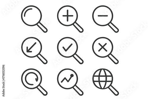 Search icon set. Magnifying glass line icons for web and UI design. Includes zoom in, out, data analysis, research, and find symbols. Minimal vector pictogram collection.