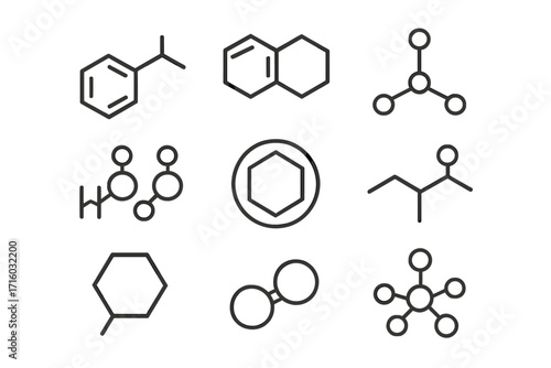 Chemical structures icon set. Molecular formula and atom bond line icons. Chemistry, science, and education concepts. Benzene ring and hydrocarbon molecules. Vector pack.