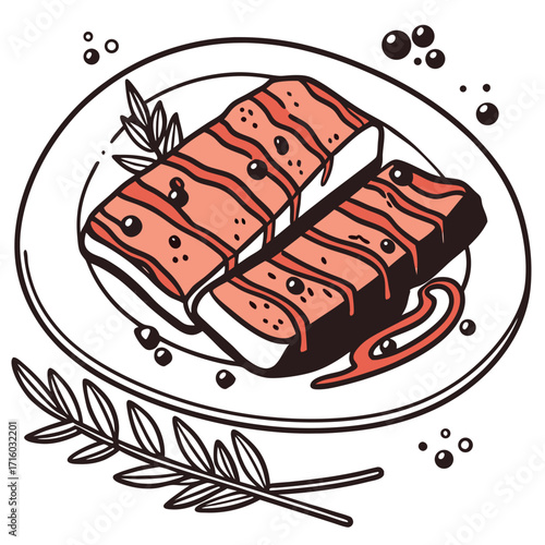 Vibrant cartoon illustration of delicious salmon fillets on a plate with garnish
